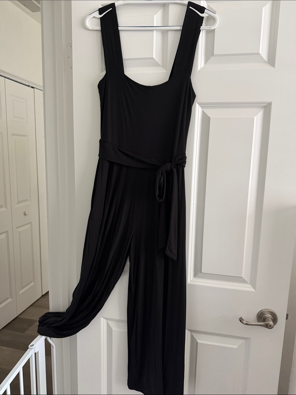 Final Touch Black Square Neck Wide-Leg Jumpsuit with Waist Tie.